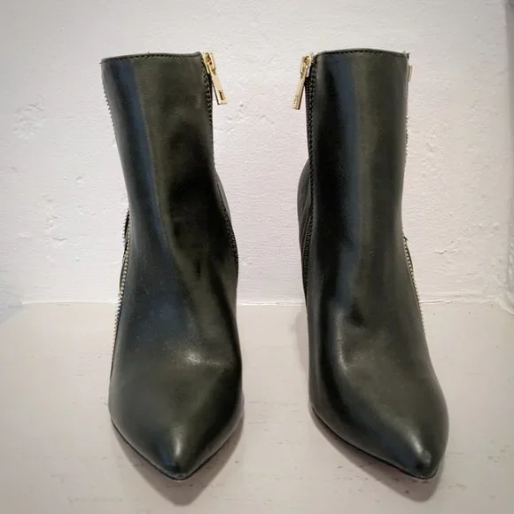 CATHERINE MALANDRINO Gold Stiletto Heel Zipper Detail Olive Green Ankle Boot Sz8 - Picture 4 of 12
